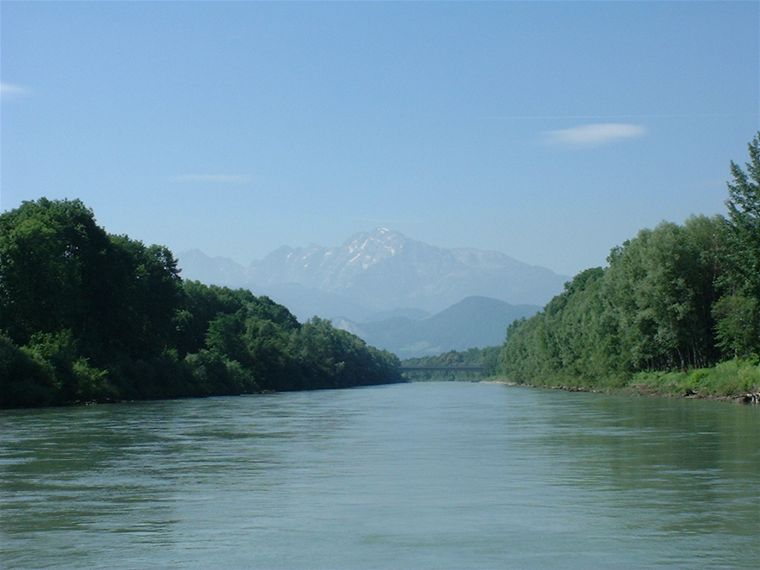 View upstream from the boat, towards the mountains
