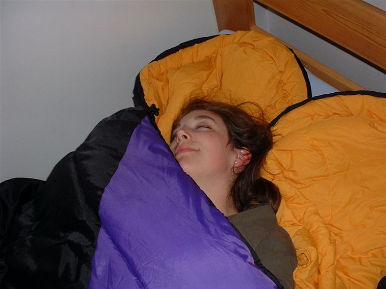 Audrey demonstrating the wonderfulness of adjoined sleeping bags.