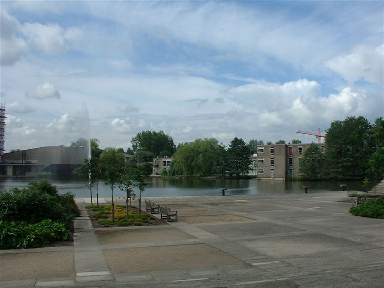 looking across vanbrugh "paradise" - on the left across the lake is the big lecture theatre of the electronics department, on the right across the lake is goodricke college